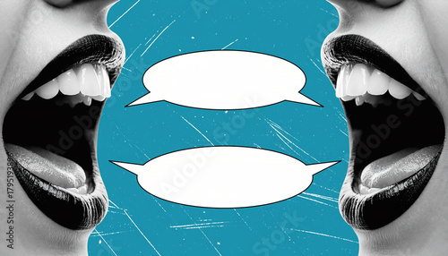 Two mouths open in conversation with speech bubbles on a textured blue background talking Modern Digital Business Solution and Corporate Efficiency Concept