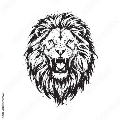Fierce lion head roaring in black and white ink style
