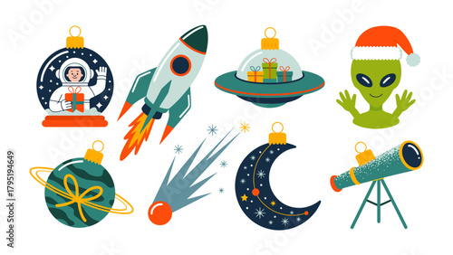 Christmas Ornaments: Festive assortment of Christmas ornaments features elements of space exploration, including rocket ships, planets, stars, and telescope.