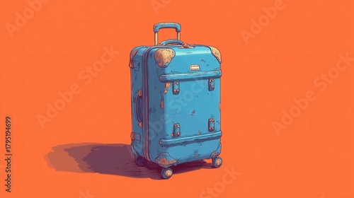 Vintage blue suitcase travel concept on orange background