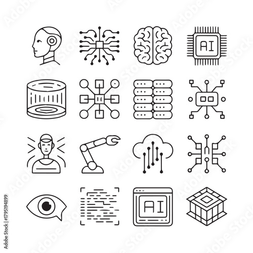 Artificial intelligence and machine learning line icons set vector illustration editable stroke