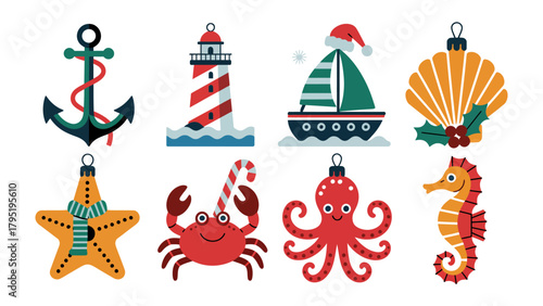 Coastal Christmas Ornament Collection: A delightful array of festive coastal-themed Christmas ornaments. Each ornament captures the essence of the seaside.