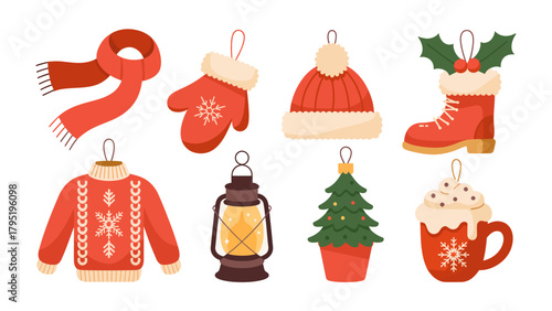 Holiday Ornament Collection: A delightful ensemble of festive ornaments, including a scarf, mitten, cap, boot, sweater, lantern, tree, and cocoa, evoke the magic and coziness of the holiday season.