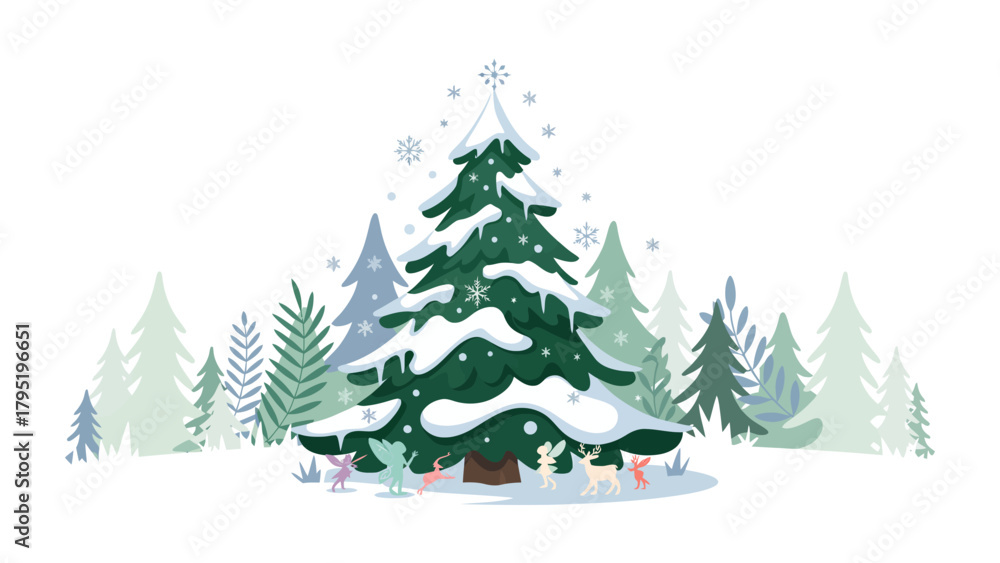 Obraz premium Festive Winter Forest: A vibrant illustration showcasing a collection of snow-laden firs and pines, perfectly capturing the essence of the winter season and the spirit of the holidays.