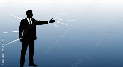 Silhouette of a businessman reaching out with a powerful gesture.