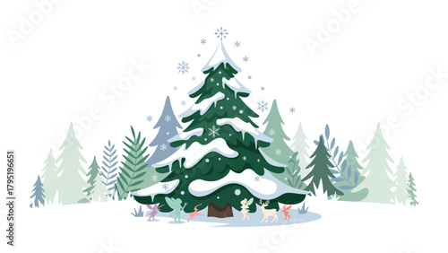 Festive Winter Forest: A vibrant illustration showcasing a collection of snow-laden firs and pines, perfectly capturing the essence of the winter season and the spirit of the holidays.