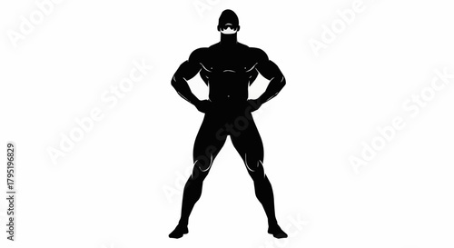 Muscular figure stands confidently with hands on hips in silhouette.