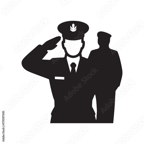 Black Silhouette Military Officer Saluting in Bold Clean Modern Vector Icon.