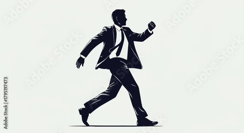 Businessman in suit walking forward with determination and purpose.