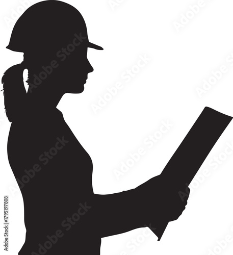  a female construction worker in profile holding blueprints or plans on a white background