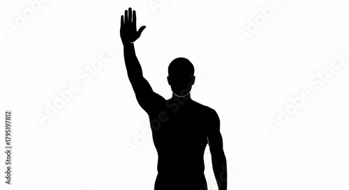 Silhouette of a man raising his hand in a gesture of greeting or asking a question.