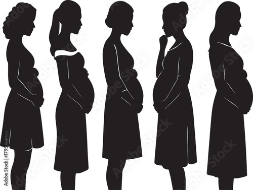 A horizontal sequence of pregnant female silhouettes wearing different maternity dresses silhouette vector