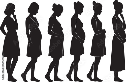 A horizontal sequence of pregnant female silhouettes wearing different maternity dresses silhouette vector