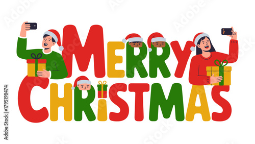 Merry Christmas Illustration: joyful holiday scene, characters in Santa hats take selfies while surrounded by the festive message and gift boxes, conveying cheer and celebration.