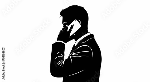 Silhouette of a businessman talking on the phone in a suit.