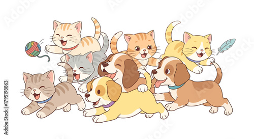 A joyful group of cute cartoon kittens and puppies playing together on a white background.