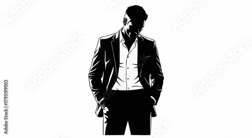 Monochrome Portrait of a Stylish Man in Suit with Hands in Pockets.