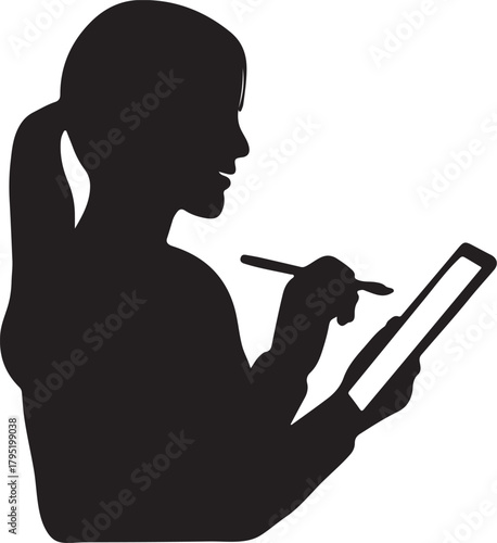 a smiling young Asian woman holding a tablet with one hand and a digital stylus in the other silhouette vector