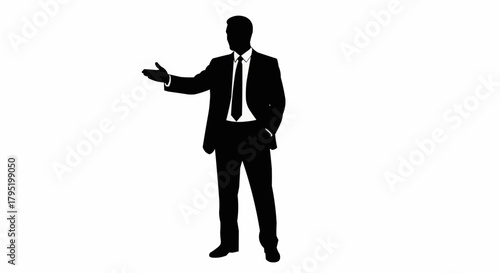 Silhouette of a businessman in a suit gesturing with his hand.