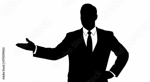 Silhouette of a businessman in a suit presenting something.