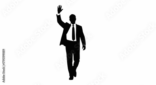 Silhouette of a businessman waving with raised hand walking forward.