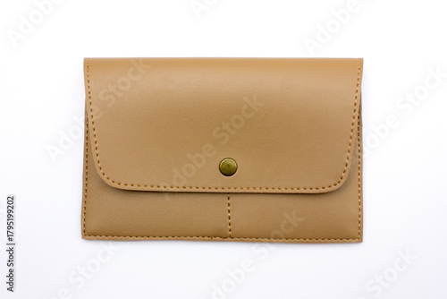 Beige leather clutch purse with snap button closure, isolated on white background.