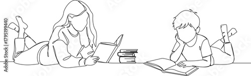continuous line drawing of young boy and girl on floor reading books, line art vector illustration