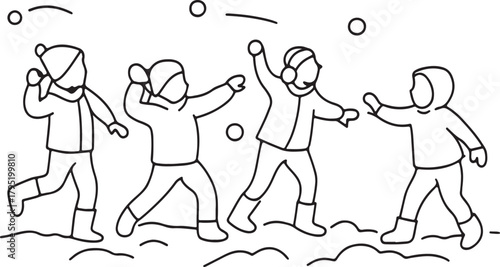 Children playing in the snow throwing snowballs out line silhouette vector art
