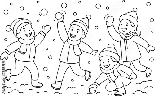 Children playing in the snow throwing snowballs out line silhouette vector art