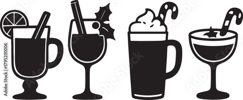 Christmas Hot chocolate with cream and candy cane icon set