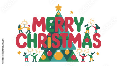 Holiday Cheer: Whimsical illustrations form a joyful “Merry Christmas” greeting, embellished with festive elements, stars, and people, perfect for capturing the spirit of celebration.