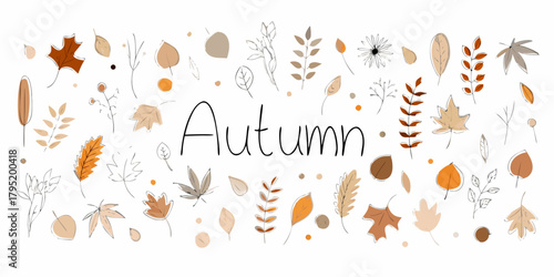 Hand drawn autumn leaves and branches in warm earthy tones with the word autumn written in the center