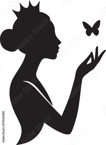  crowned woman in profile with hair bun, reaching toward a small butterfly silhouette vector