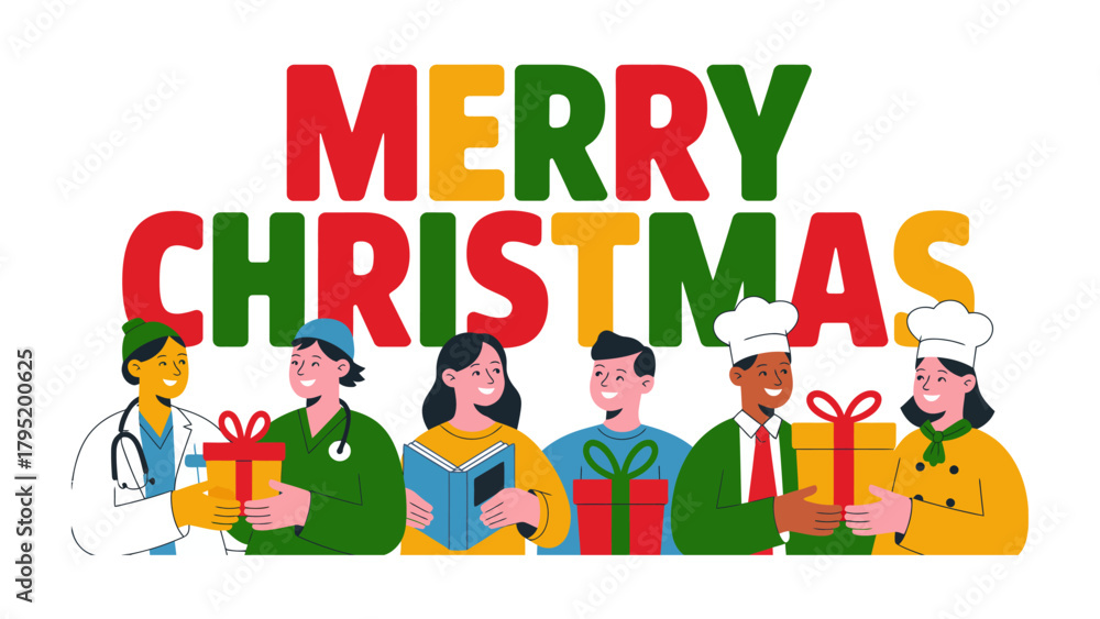 Fototapeta premium Festive Greetings: Merry Christmas Celebration: A heartwarming graphic displaying the Merry Christmas message alongside a diverse group of individuals, embodying the spirit of the season.