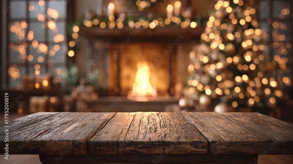 Naklejka premium Cozy fireplace scene with a Christmas tree and a rustic wooden table set in a warm living room filled with festive decorations