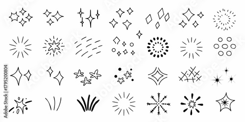Collection of hand drawn starbursts and sparkle icons for design elements