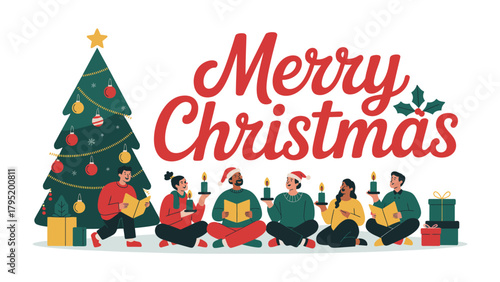 Christmas Carolers Under the Tree: In a festive scene, a group of carolers gather around a decorated tree, singing joyous songs and celebrating the spirit of Christmas, candle light in hand.