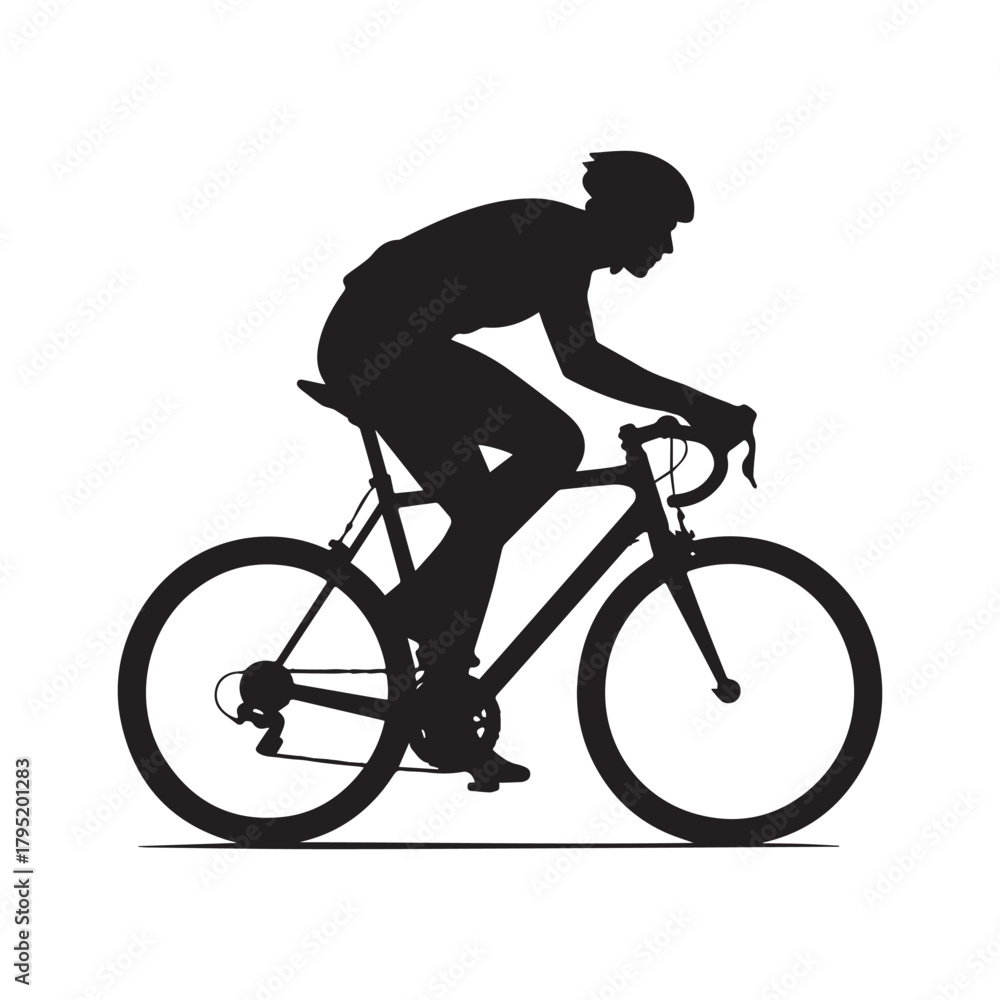 Obraz premium Dynamic Minimalist Cyclist Silhouette Leaning Forward on Road Bike in Bold Motion Design.