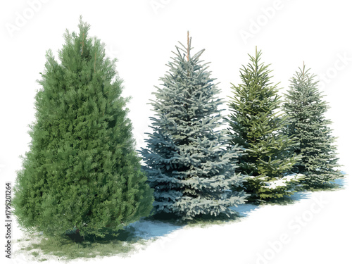 A row of diverse evergreen trees in a serene outdoor setting with a hint of snow.