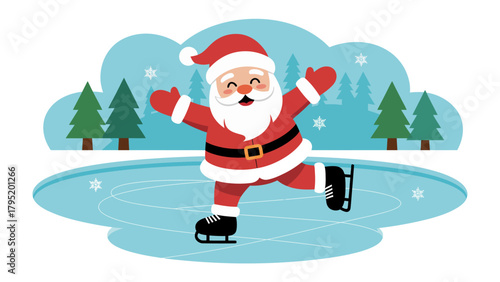 Santa's Festive Skate: A cheerful Santa Claus figure gliding across an ice rink, spreading holiday cheer with every stride. Surrounded by winter elements, a perfect illustration of seasonal joy. 