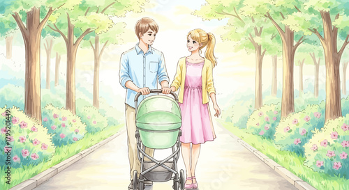 A loving couple with a baby stroller walking through a beautiful green park.