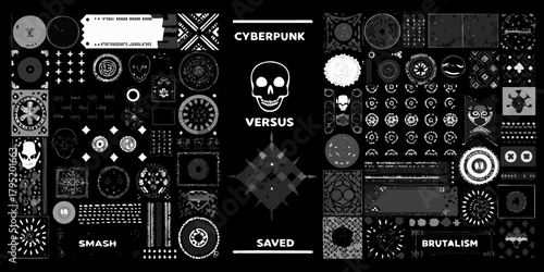 Cyberpunk skull versus smash saved brutalism abstract geometric patterns and symbols