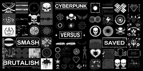 Cyberpunk brutalism collage featuring skulls versus saved smash cars and abstract elements