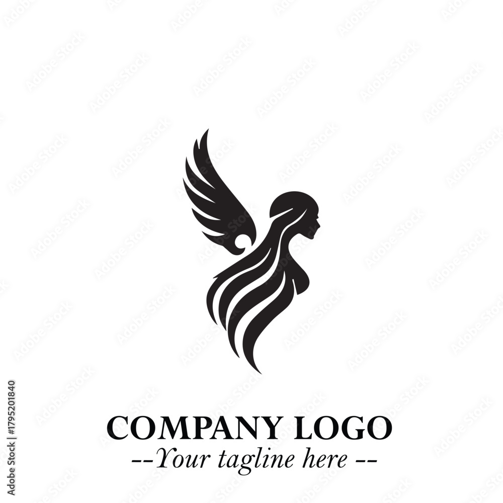 Fototapeta premium Elegant Black Angel Woman Silhouette Logo Symbol on White Background