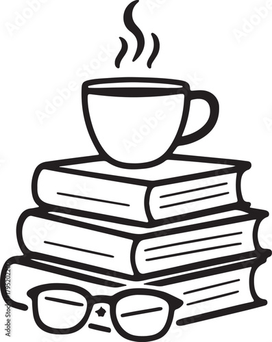 Stacked books with eyeglasses and coffee cup reading out line vector art