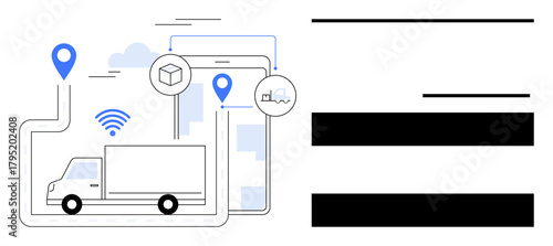 Delivery truck on digital route map with GPS pins, wireless signals, and logistic icons. Ideal for transport, shipping, supply chain, e-commerce, fleet management GPS accuracy tracking. Simple flat