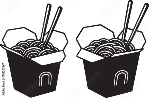 two open Chinese takeaway food boxes with chopsticks silhouette vector