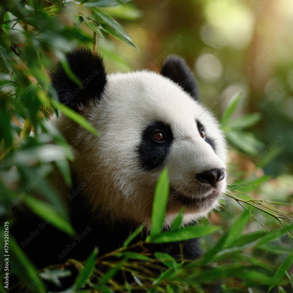 Obraz premium Adorable giant panda cub peeking through lush green bamboo leaves