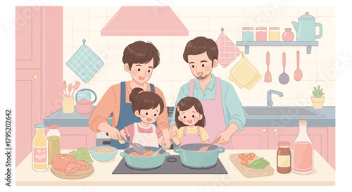 A loving family of two dads and two daughters bonding over cooking a meal together in the kitchen.