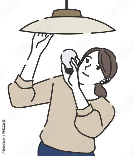 Female replacing light bulb for energy saving